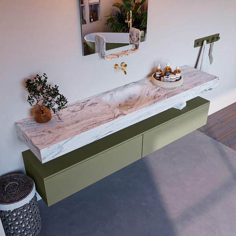 Mondiaz ALAN-DLUX Ensemble de meuble - 200cm - meuble Army mat - 2 tiroirs - Lavabo Cloud Glace suspendu - vasque Centre - 0 trous de robinet SW805862