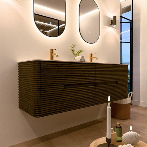 Mondiaz CIRO-DLUX Badkamermeubelset - 150x45x50cm - Solid surface wastafel Frappe - 2 wasbak Dubbel - 2 kraangaten - 4 lades - Shadow SW1532026