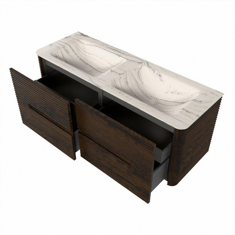 Mondiaz CIRO-DLUX Badkamermeubelset - 130x45x50cm - Solid surface wastafel Nata - 2 wasbak Dubbel - 2 kraangaten - 4 lades - Walnut SW1530559