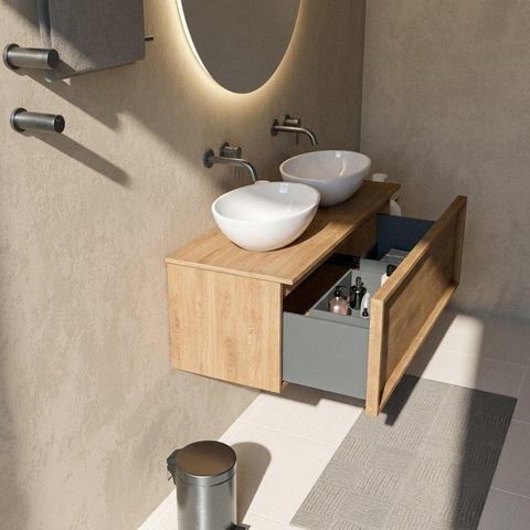Saniclass Holz Frame Ensemble de meubles de salle de bains - 120x45x42cm - plan de toilette en bois - sans trou de robinetterie - 1 tiroir - chêne naturel mat (bois) SW1436757