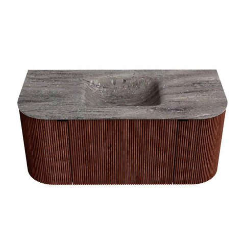 MONDIAZ KURVE-DLUX 100cm badmeubel ronding Links + Rechts kleur Ruby met 1 lade en 2 deuren. Wastafel GRUNNE Midden 1 kraangat Oza. SW1432761