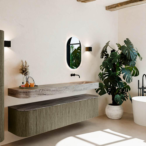 MONDIAZ THOR-DLUX Meuble de salle de bains 190cm arrondi gauche + droite couleur Shadow avec 2 tiroirs et 2 portes. Vasque suspendue CLOUD Droite sans trou de robinet couleur Oza. SW1466814