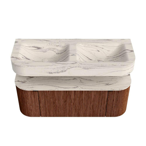 MONDIAZ THOR-DLUX 120cm meuble de salle de bains arrondi gauche + droite couleur Ruby avec 1 tiroir et 2 portes. Vasque suspendue CLOUD Double 2 trous de robinet couleur Nata. SW1463393