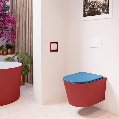 Mondiaz LAVIE hangtoilet – spoelrandloos – 36 x 53 cm – met softclose zitting – Fire (rood), zitting Jeans (blauw) SW1208635