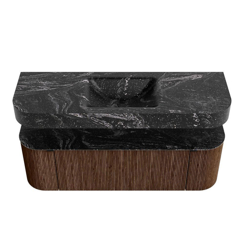 MONDIAZ THOR-DLUX 140cm meuble de salle de bains arrondi gauche + droite couleur Walnut avec 1 tiroir et 2 portes. Vasque suspendue CLOUD Milieu 1 trou de robinet couleur Lava. SW1463948