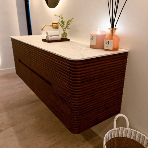 Mondiaz CIRO-DLUX Ensemble de meubles de salle de bains - 150x45x50cm - plan-vasque solid surface Opalo - 1 vasque à gauche - sans trous de robinet - 4 tiroirs - Ruby SW1531506