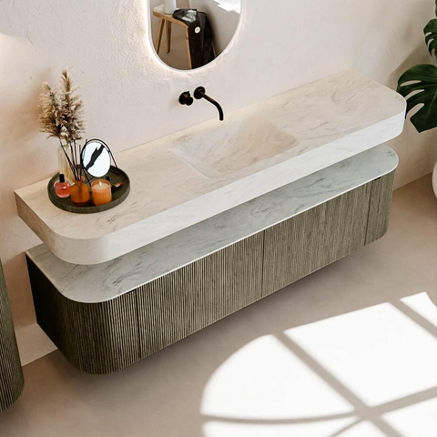 MONDIAZ THOR-DLUX 180cm meuble de salle de bains arrondi gauche + droite couleur Shadow avec 2 tiroirs et 2 portes. Vasque suspendue CLOUD Milieu sans trou de robinet couleur Opalo. SW1466137