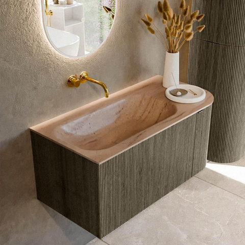 MONDIAZ KURVE-DLUX Meuble de salle de bains 95cm arrondi à droite couleur Shadow avec 1 tiroir et 1 porte. Lavabo BIG SMALL à gauche sans trou de robinet Saba. SW1433413