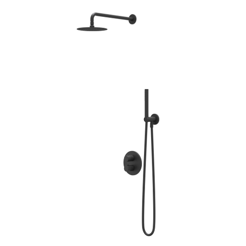 IVY Bond Ensemble de douche de tête - encastré - inverseur d'arrêt 2 voies - bras de plafond 30 cm - douche de tête slim ronde 20 cm - barre de douche avec sortie - flexible de douche 150 cm - douchette à main satin spray - Noir mat PED SW1033143