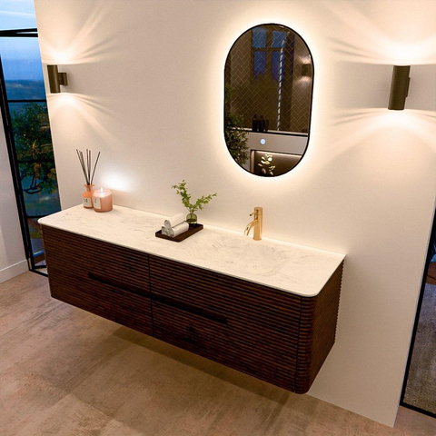 Mondiaz CIRO-DLUX Meuble de salle de bains - 170x45x50cm - Plan vasque en solid surface Opalo - 1 bassin à droite - 1 trou de robinet - 4 tiroirs - Noyer SW1530332