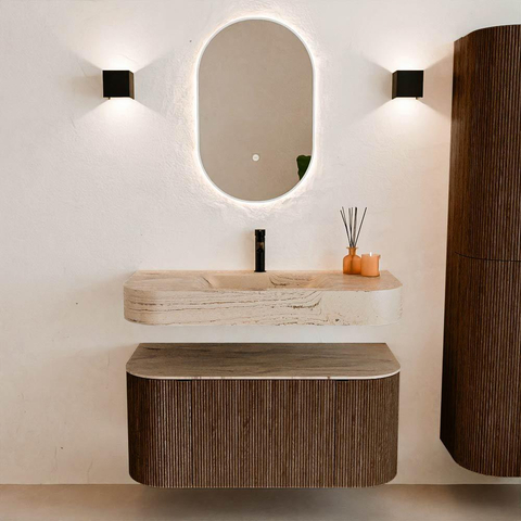 MONDIAZ THOR-DLUX 100cm meuble de salle de bains arrondi gauche + droite couleur Walnut avec 1 tiroir et 2 portes. Vasque suspendue CLOUD Milieu 1 trou de robinet couleur Arena. SW1467449