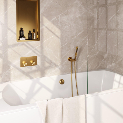 BRAUER Stripe Mitigeur thermostatique bain - boutons-poussoirs - SET 03 - encastré - combinaison de remplissage de baignoire - douchette à main barre - flexible de douche - coude mural - PVD doré brossé SW1434828
