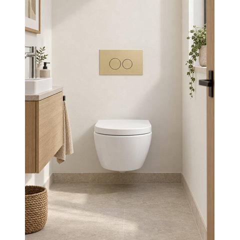 Pack WC QeramiQ Dely Swirl Compact - réservoir encastrable Geberit UP320 - avec bâti-support Burda - abattant 25 mm - plaque de commande en plastique beige - boutons ronds - blanc mat SW1595669