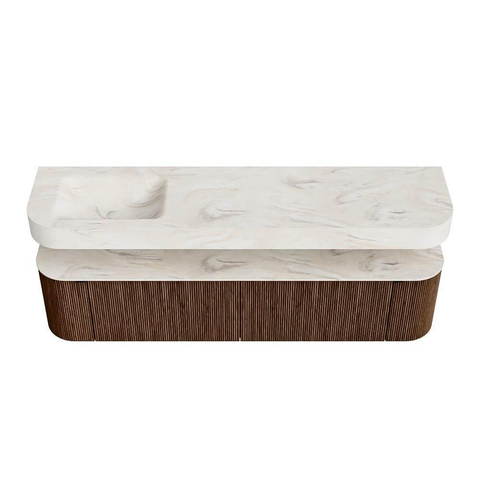 MONDIAZ THOR-DLUX Meuble de salle de bains 190cm arrondi gauche + droite couleur Walnut avec 2 tiroirs et 2 portes. Vasque suspendue CLOUD Gauche 1 trou de robinet couleur Ostra. SW1466450