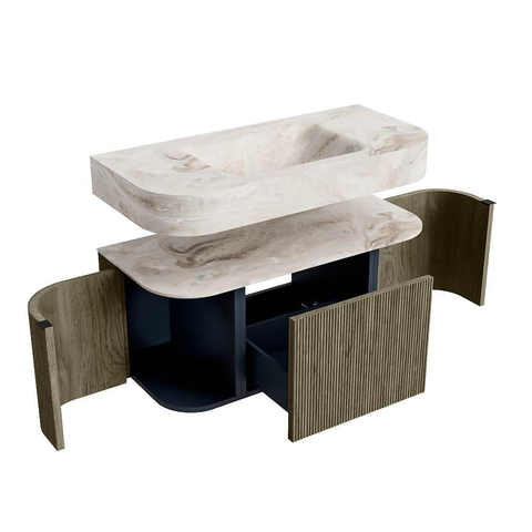 MONDIAZ THOR-DLUX 100cm meuble de salle de bains arrondi gauche + droite couleur Shadow avec 1 tiroir et 2 portes. Vasque suspendue CLOUD Milieu sans trou de robinet couleur Frappe. SW1467441