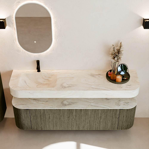 MONDIAZ THOR-DLUX 170cm meuble de salle de bains arrondi gauche + droite couleur Shadow avec 1 tiroir et 2 portes. Vasque suspendue CLOUD gauche 1 trou de robinet couleur Ostra. SW1465547