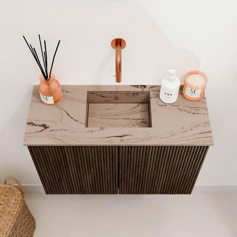 Mondiaz JOYA-DLUX Meuble de toilette 60cm - couleur Walnut - Vasque FAYE position Milieu Sans trou de robinet couleur Arena SW1424304
