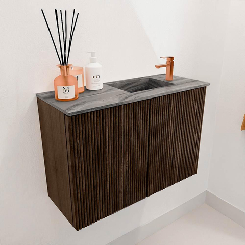 Mondiaz JOYA-DLUX 60cm toiletmeubel - kleur Walnut - Wastafel FAYE positie Rechts 1 kraangat kleur Sombra. SW1424710