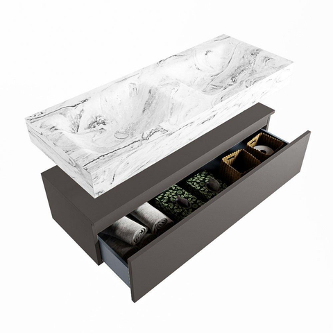 Mondiaz ALAN-DLUX Ensemble de meuble - 120cm - meuble Dark grey mat - 1 tiroir - Lavabo Cloud Glace suspendu - vasque Gauche et droite - 2 trous de robinet SW805432