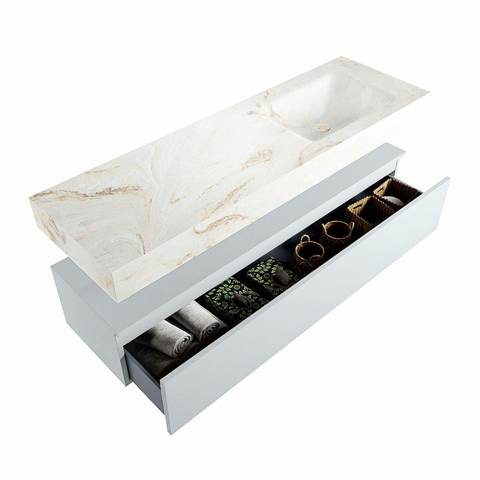 Mondiaz ALAN-DLUX Ensemble de meuble - 150cm - meuble Clay mat - 1 tiroir - Lavabo Cloud Frappe suspendu - vasque Droite - 0 trous de robinet SW805351