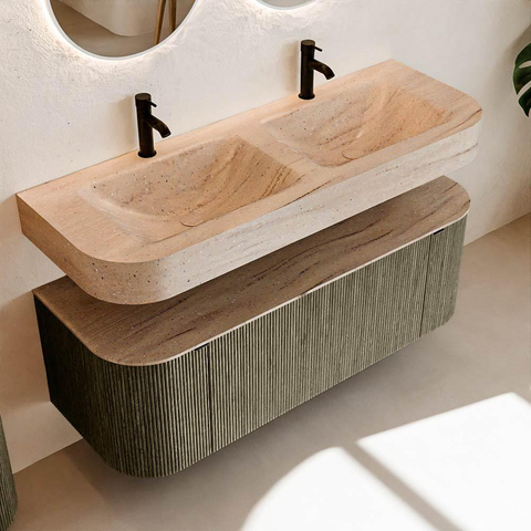 MONDIAZ THOR-DLUX 130cm meuble de salle de bains arrondi gauche + droite couleur Shadow avec 1 tiroir et 2 portes. Vasque suspendue CLOUD Double 2 trous de robinet couleur Saba. SW1464066