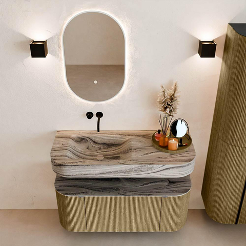 MONDIAZ THOR-DLUX Meuble de salle de bains 110cm arrondi gauche + droite couleur Dusk avec 1 tiroir et 2 portes. Vasque suspendue CLOUD Gauche sans trou de robinet couleur Sombra. SW1463041
