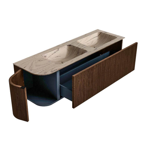 MONDIAZ KURVE-DLUX Meuble de salle de bains 145cm courbure gauche couleur Walnut avec 1 tiroir et 1 porte. Lavabo LEAF Double / Droite 2 trous de robinet Arena. SW1431230