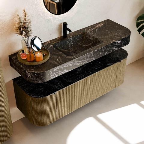 MONDIAZ THOR-DLUX Meuble de salle de bains - 140cm - arrondi gauche + droite - couleur Dusk - 1 tiroir - 2 portes - Vasque suspendue CLOUD centrale 1 trou de robinet - couleur Lava SW1464136
