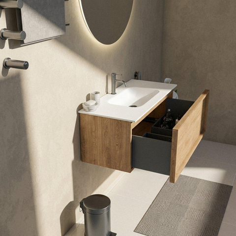 Saniclass Holz Frame Badkamermeubelset - 100x45x41.5cm - Flow solid surface wastafel wit - 1 wasbak - 1 kraangat - 1 lade - mat eiken natural (hout) SW1479074