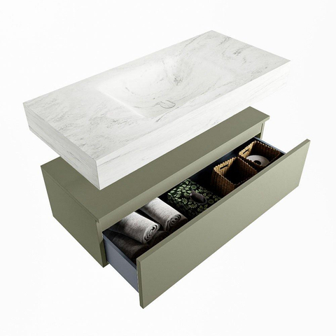 Mondiaz ALAN-DLUX Ensemble de meuble - 100cm - meuble Army mat - 1 tiroir - Lavabo Cloud Opalo suspendu - vasque Centre - 0 trous de robinet SW806679