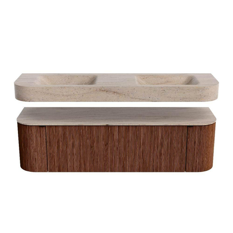 MONDIAZ THOR-DLUX 160cm meuble de salle de bains arrondi gauche + droite couleur Ruby avec 1 tiroir et 2 portes. Vasque suspendue CLOUD Double sans trou de robinet couleur Saba. SW1465365