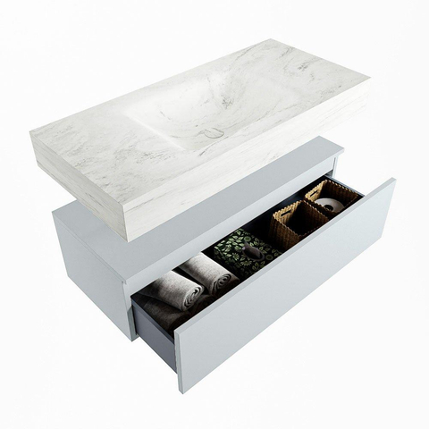 Mondiaz ALAN-DLUX Ensemble de meuble - 100cm - meuble Clay mat - 1 tiroir - Lavabo Cloud Opalo suspendu - vasque Centre - 1 trou de robinet SW809116