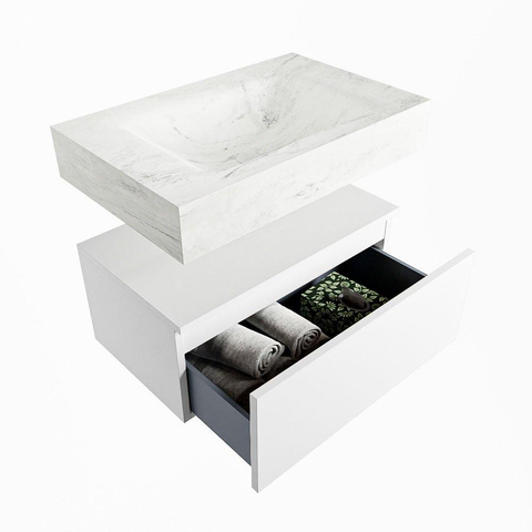 Mondiaz ALAN-DLUX Ensemble de meuble - 70cm - meuble Talc mat - 1 tiroir - Lavabo Cloud Opalo suspendu - vasque Centre - 0 trous de robinet SW806324