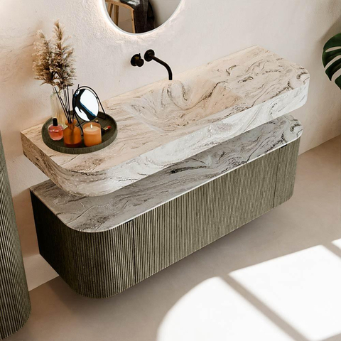 MONDIAZ THOR-DLUX Meuble de salle de bains 140cm arrondi gauche + droite couleur Shadow avec 1 tiroir et 2 portes. Vasque suspendue CLOUD Milieu sans trou de robinet couleur Glace. SW1464134