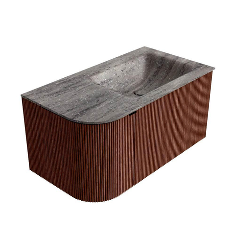 MONDIAZ KURVE-DLUX Meuble de salle de bains 85cm arrondi à gauche couleur Ruby avec 1 tiroir et 1 porte. Lavabo CLOUD à droite sans trou de robinet Oza. SW1432765
