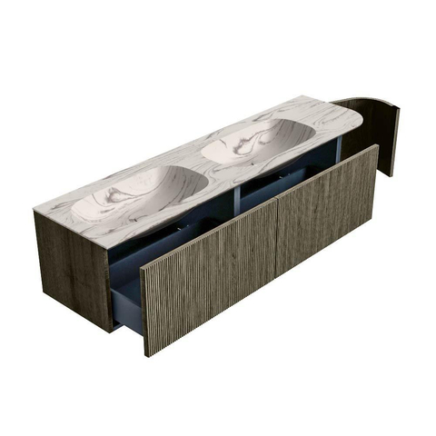 MONDIAZ KURVE-DLUX 175cm meuble de salle de bains arrondi Droite couleur Shadow avec 2 tiroirs et 1 porte. Lavabo STOR SMALL Double / Gauche 2 trous de robinet Nata. SW1432341