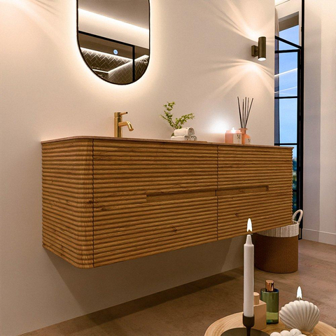 Mondiaz CIRO-DLUX Badkamermeubelset - 150x45x50cm - Solid surface wastafel Saba - 1 wasbak Links - 1 kraangat - 4 lades - Oak SW1531209