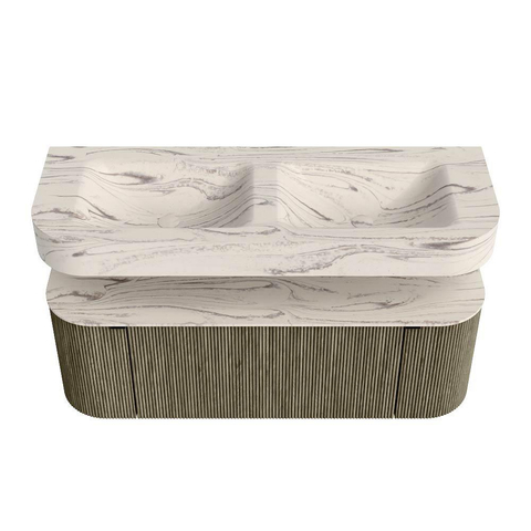 MONDIAZ THOR-DLUX 130cm meuble de salle de bains arrondi gauche + droite couleur Shadow avec 1 tiroir et 2 portes. Vasque suspendue CLOUD Double sans trou de robinet couleur Nata. SW1463911