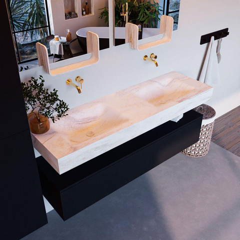 Mondiaz ALAN-DLUX Ensemble de meuble - 150cm - meuble Urban mat - 1 tiroir - Lavabo Cloud Ostra suspendu - vasque gauche et droite - 0 trous de robinet SW807416