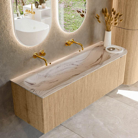 MONDIAZ KURVE-DLUX 145cm badmeubel ronding Rechts kleur Oak met 1 lade en 1 deur. Wastafel BIG LARGE Links zonder kraangat Nata. SW1432097