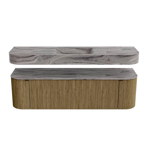 MONDIAZ THOR-DLUX 160cm meuble de salle de bains arrondi gauche + droite couleur Dusk avec 1 tiroir et 2 portes. Vasque suspendue CLOUD Milieu sans trou de robinet couleur Sombra. SW1465385