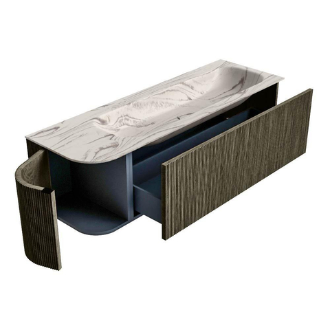 MONDIAZ KURVE-DLUX Meuble de salle de bains 145 cm arrondi à gauche couleur Shadow avec 1 tiroir et 1 porte. Lavabo BIG LARGE à droite 1 trou de robinet Nata. SW1432314