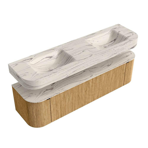 MONDIAZ THOR-DLUX 170cm meuble de salle de bains arrondi gauche + droite couleur Oak avec 1 tiroir et 2 portes. Vasque suspendue CLOUD Double sans trou de robinet couleur Nata. SW1465773