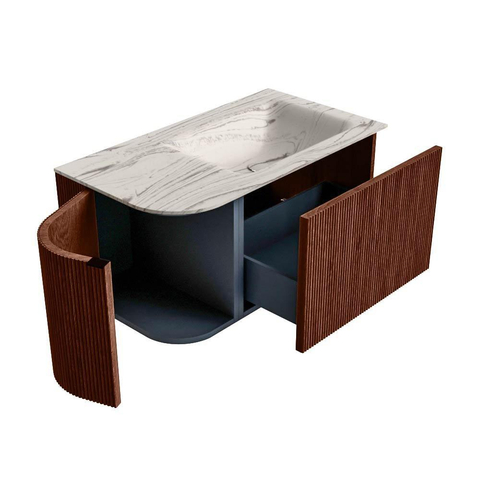 MONDIAZ KURVE-DLUX Meuble de salle de bains 85cm arrondi à gauche couleur Ruby avec 1 tiroir et 1 porte. Lavabo CLOUD à droite 1 trou de robinet Nata. SW1432519