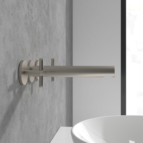 Villeroy & Boch Loop & Friends wastafeluitloop set - met kruisgreep - wandmontage - Brushed Nickel (rvs) SW974329