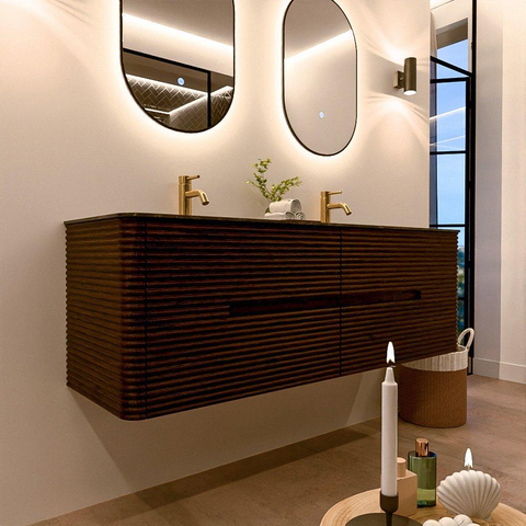 Mondiaz CIRO-DLUX Badkamermeubelset - 150x45x50cm - Solid surface wastafel Lava - 2 wasbak Dubbel - 2 kraangaten - 4 lades - Walnut SW1530184