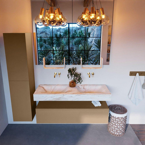 Mondiaz ALAN-DLUX Ensemble de meuble - 130cm - meuble Oro mat - 1 tiroir - Lavabo Cloud Frappe suspendu - vasque Gauche et droite - 0 trous de robinet SW805666