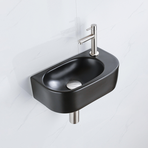 QeramiQ Fuente pack lave-mains – demi-rond – 40 x 21,5 x 12 cm – perçage à droite – robinet inox brossé SW1232814