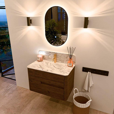 Mondiaz CIRO-DLUX Badkamermeubelset - 80x45x50cm - Solid surface wastafel Glace - 1 wasbak Midden - 1 kraangat - 2 lades - Dusk SW1532860
