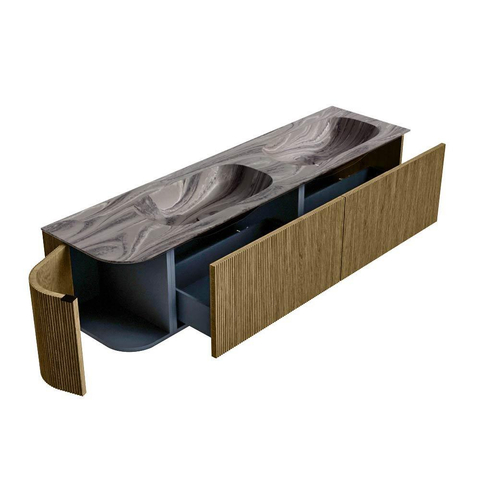 MONDIAZ KURVE-DLUX 175cm meuble de salle de bains avec arrondi à gauche couleur Dusk avec 2 tiroirs et 1 porte. Lavabo STOR SMALL Double / Droite 2 trous de robinet Sombra. SW1433910
